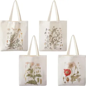 4 Pieces Floral Canvas Tote Bag for Women Flower Reusable Grocery Shopping Bag Aesthetic for Christmas Gift