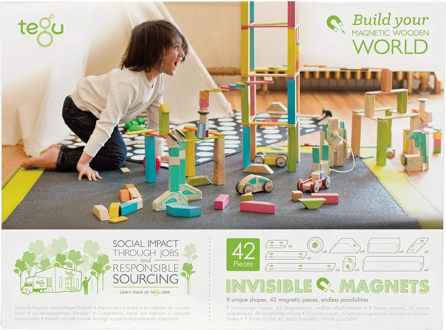 42 Piece Tegu Magnetic Wooden Block Set, Blues, 1-99 years old