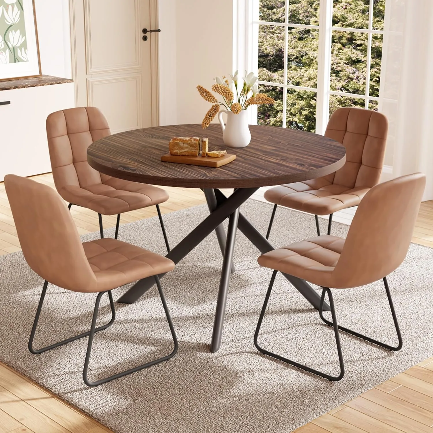 45.3 Inch Round Dining Table Set for 4, Mid Century Modern Small Coffee Set for Dining Room Kitchen Apartment (Walnut Table   4 U-Shaped Brown Chairs)
