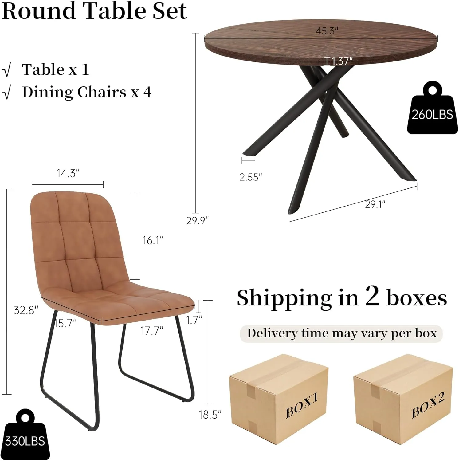 45.3 Inch Round Dining Table Set for 4, Mid Century Modern Small Coffee Set for Dining Room Kitchen Apartment (Walnut Table   4 U-Shaped Brown Chairs)