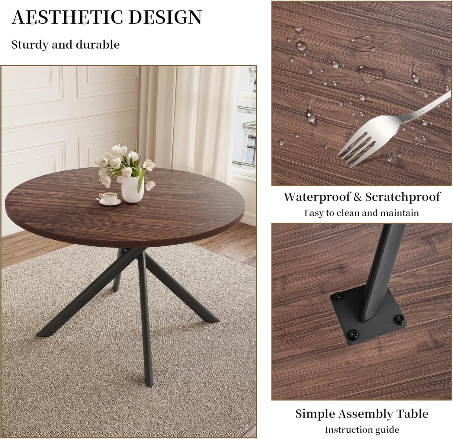 45.3 Inch Round Dining Table Set for 4, Mid Century Modern Small Coffee Set for Dining Room Kitchen Apartment (Walnut Table   4 U-Shaped Brown Chairs)