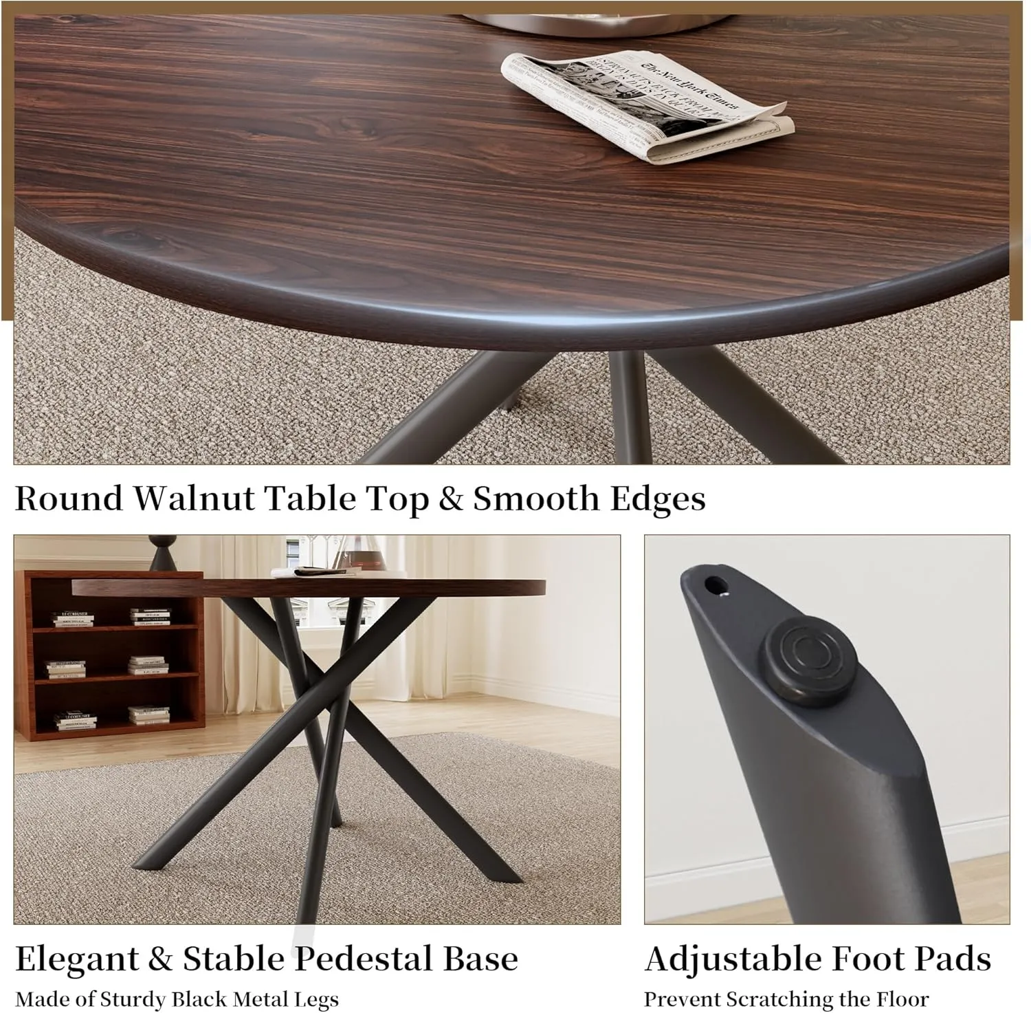 45.3 Inch Round Dining Table Set for 4, Mid Century Modern Small Coffee Set for Dining Room Kitchen Apartment (Walnut Table   4 U-Shaped Brown Chairs)