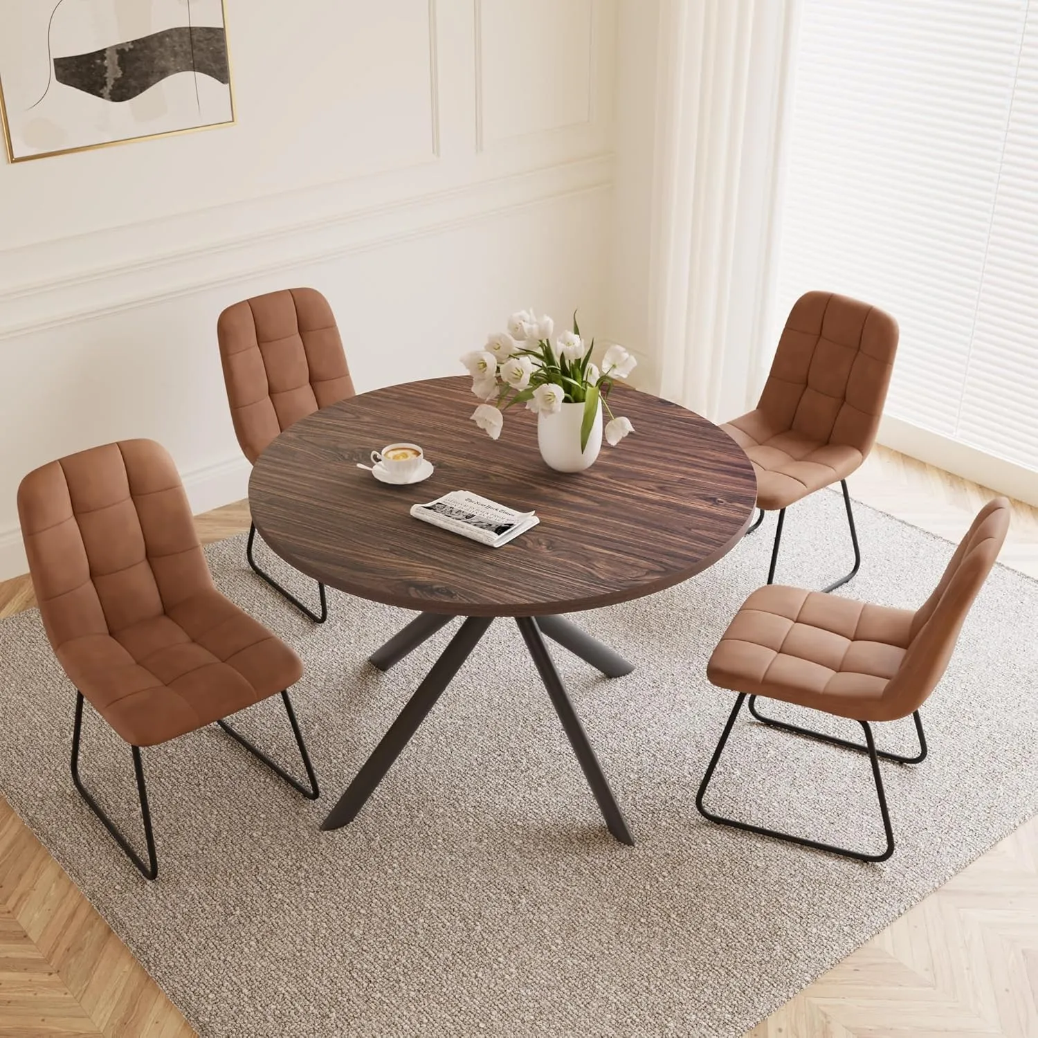 45.3 Inch Round Dining Table Set for 4, Mid Century Modern Small Coffee Set for Dining Room Kitchen Apartment (Walnut Table   4 U-Shaped Brown Chairs)