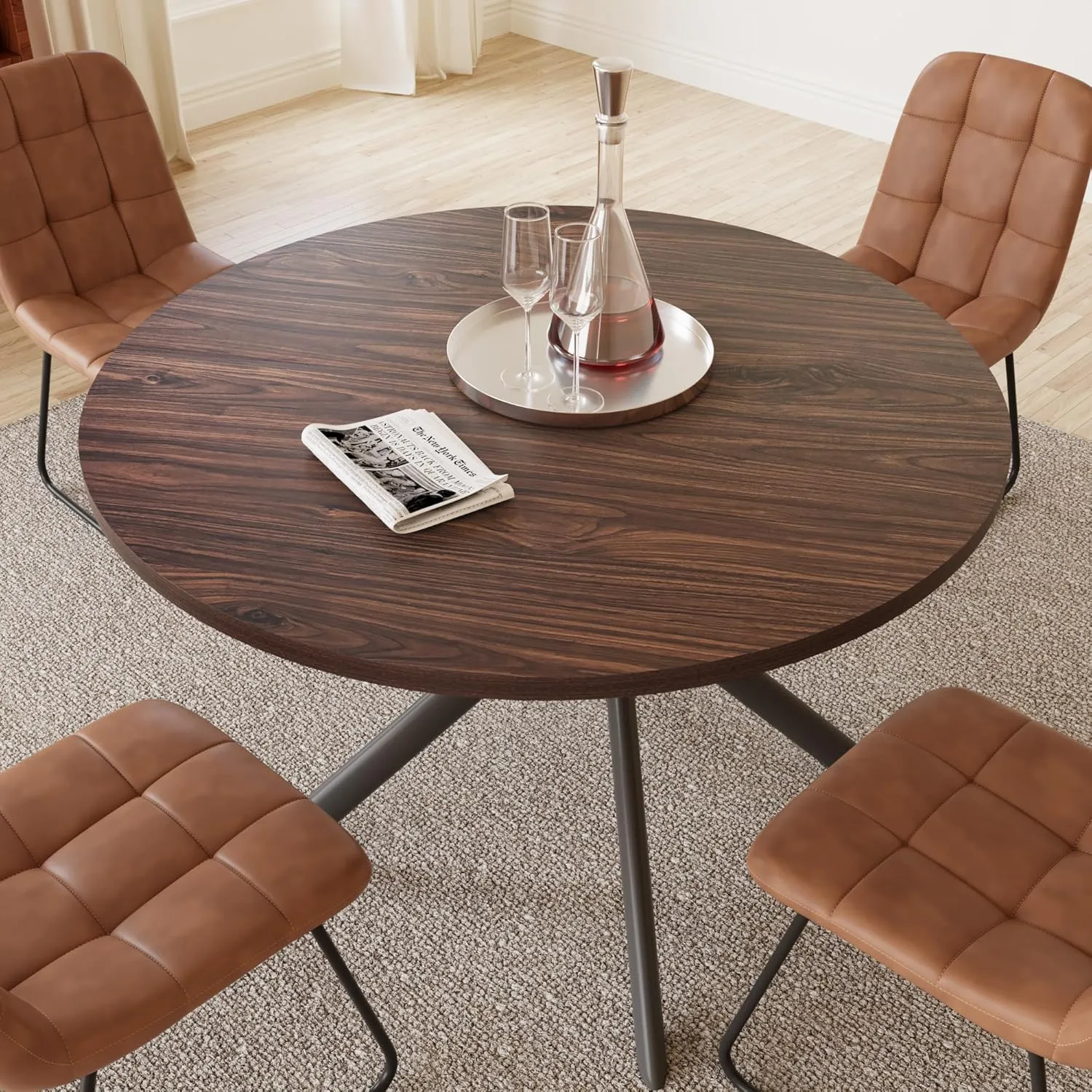 45.3 Inch Round Dining Table Set for 4, Mid Century Modern Small Coffee Set for Dining Room Kitchen Apartment (Walnut Table   4 U-Shaped Brown Chairs)