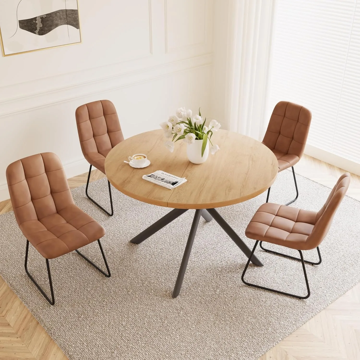 45.3 Inch Round Dining Table Set for 4, Mid Century Modern Small Kitchen Coffee Set for Dining Room Kitchen Apartment (Oak Table   4 U-Shaped Brown Chairs)