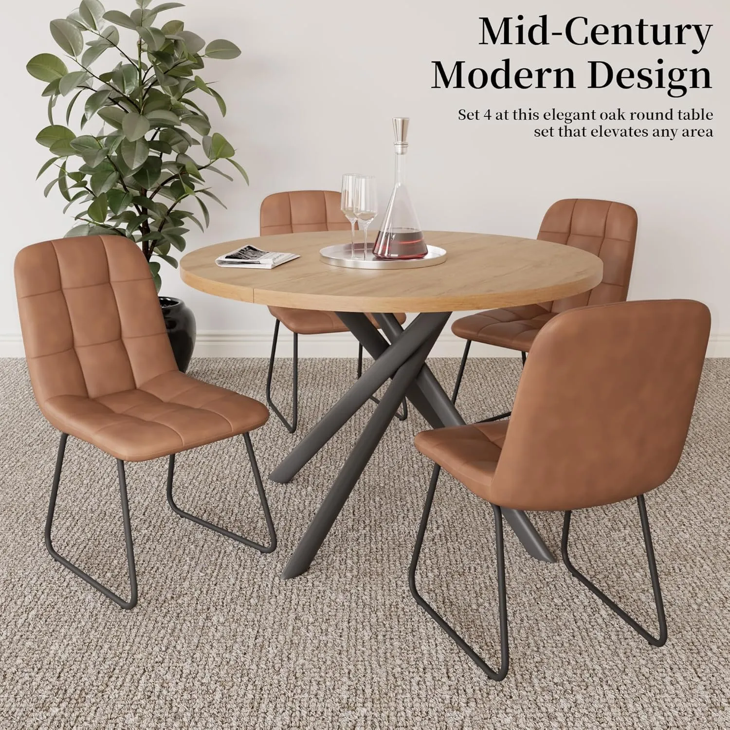 45.3 Inch Round Dining Table Set for 4, Mid Century Modern Small Kitchen Coffee Set for Dining Room Kitchen Apartment (Oak Table   4 U-Shaped Brown Chairs)