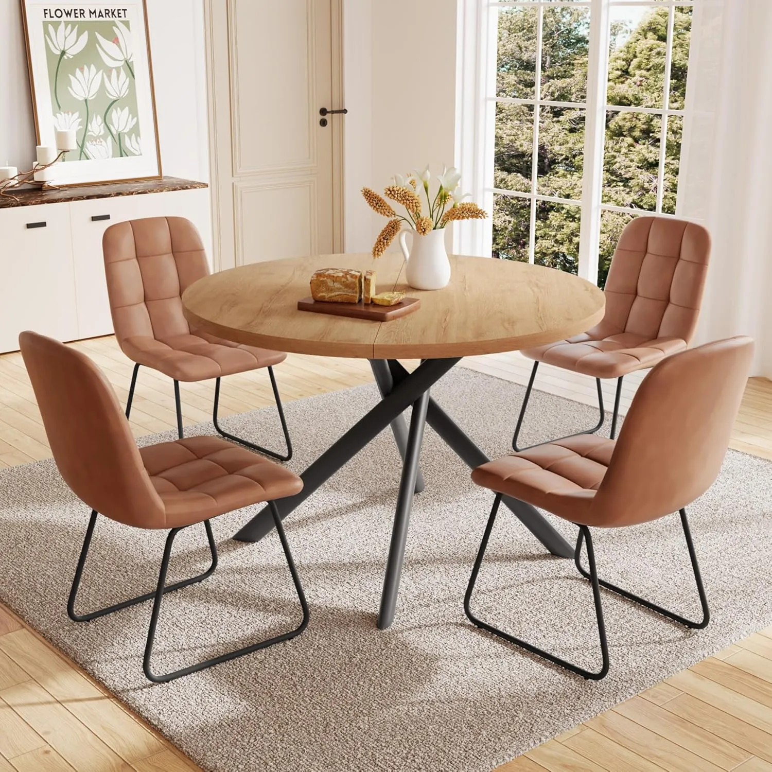 45.3 Inch Round Dining Table Set for 4, Mid Century Modern Small Kitchen Coffee Set for Dining Room Kitchen Apartment (Oak Table   4 U-Shaped Brown Chairs)