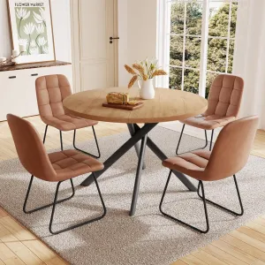 45.3 Inch Round Dining Table Set for 4, Mid Century Modern Small Kitchen Coffee Set for Dining Room Kitchen Apartment (Oak Table   4 U-Shaped Brown Chairs)