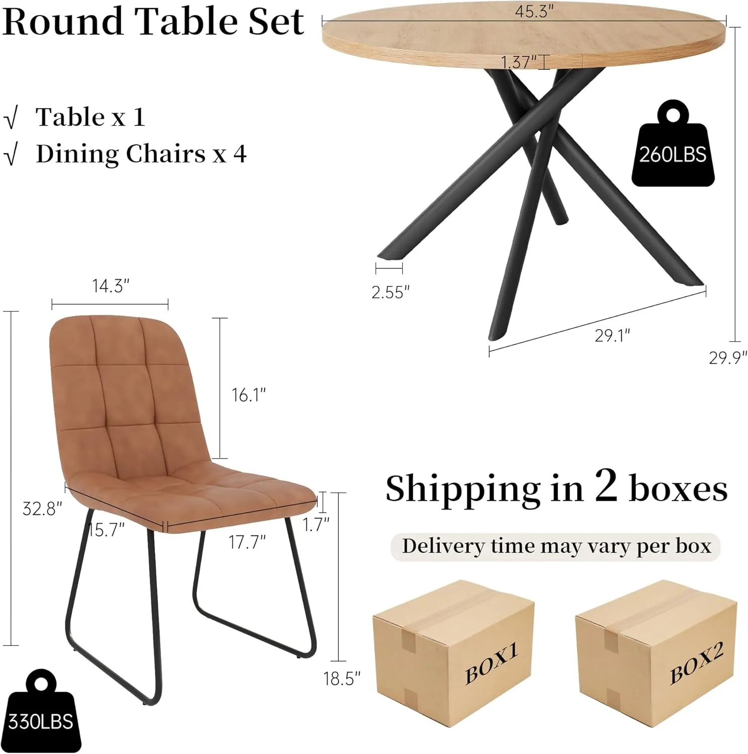 45.3 Inch Round Dining Table Set for 4, Mid Century Modern Small Kitchen Coffee Set for Dining Room Kitchen Apartment (Oak Table   4 U-Shaped Brown Chairs)