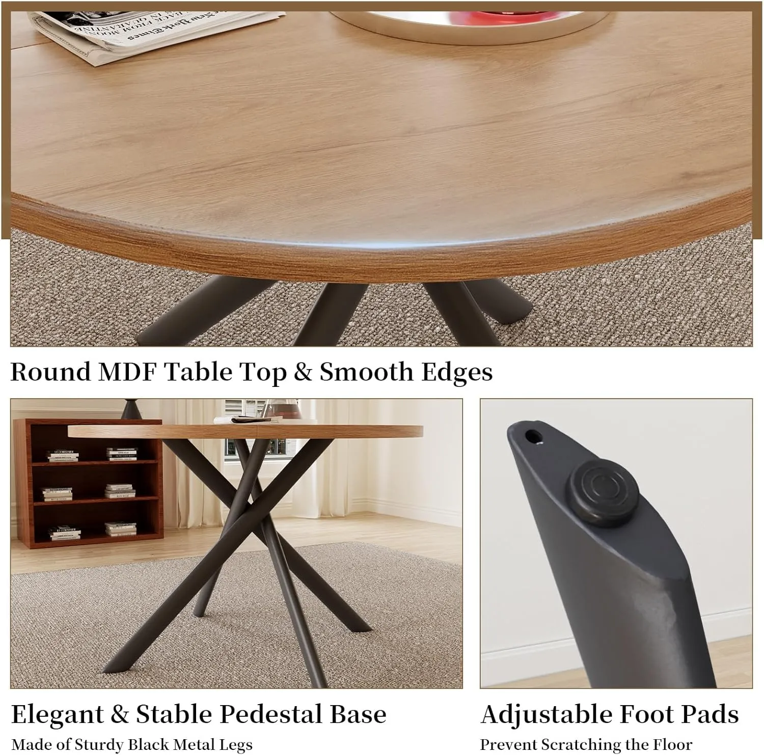 45.3 Inch Round Dining Table Set for 4, Mid Century Modern Small Kitchen Coffee Set for Dining Room Kitchen Apartment (Oak Table   4 U-Shaped Brown Chairs)