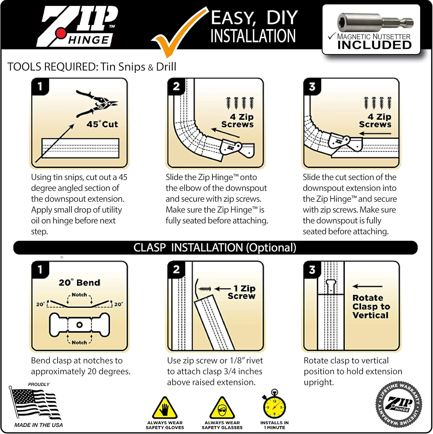 5 Pack Plus | Made in The USA Downspout Hinge | Hardware, Nutsetter & Instructions | DIY Installation on All Rectangle or Square Downspouts