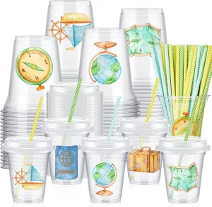 60 Pcs Watercolor Bon Voyage Party Travel-themed Plastic Cups with Lids and Paper Straws 14 oz Disposable Cups for Bon Voyage Favor Supplies Travel Birthday Party Decorations