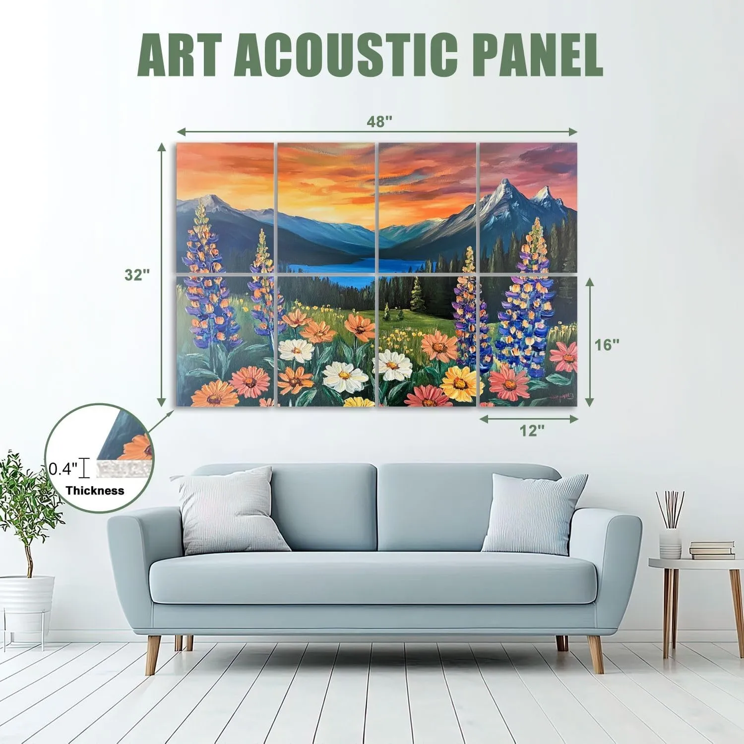 8 Pack Art Acoustic Panels Sound Absorbing Oil Intermountain Flowers Sea Mountain Peaks Sunset Sky Wildflowers Decorative Soundproof Wall Panels Self Adhesive for Recording Studios Office 48"x32"