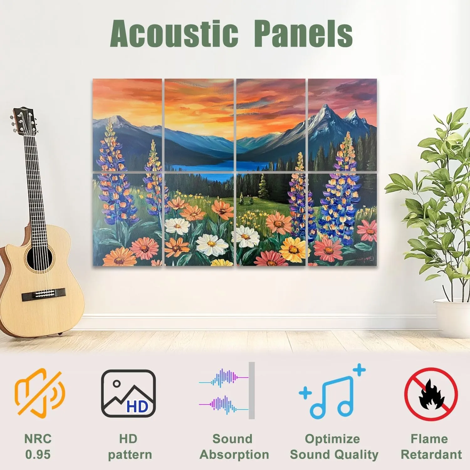 8 Pack Art Acoustic Panels Sound Absorbing Oil Intermountain Flowers Sea Mountain Peaks Sunset Sky Wildflowers Decorative Soundproof Wall Panels Self Adhesive for Recording Studios Office 48"x32"