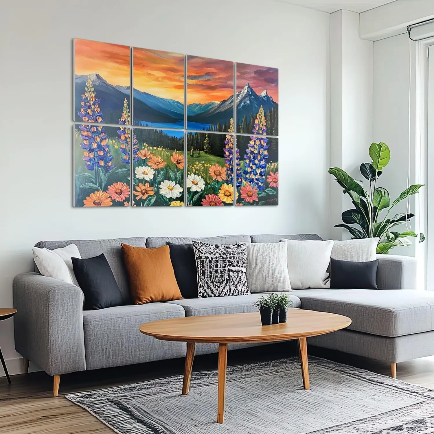 8 Pack Art Acoustic Panels Sound Absorbing Oil Intermountain Flowers Sea Mountain Peaks Sunset Sky Wildflowers Decorative Soundproof Wall Panels Self Adhesive for Recording Studios Office 48"x32"