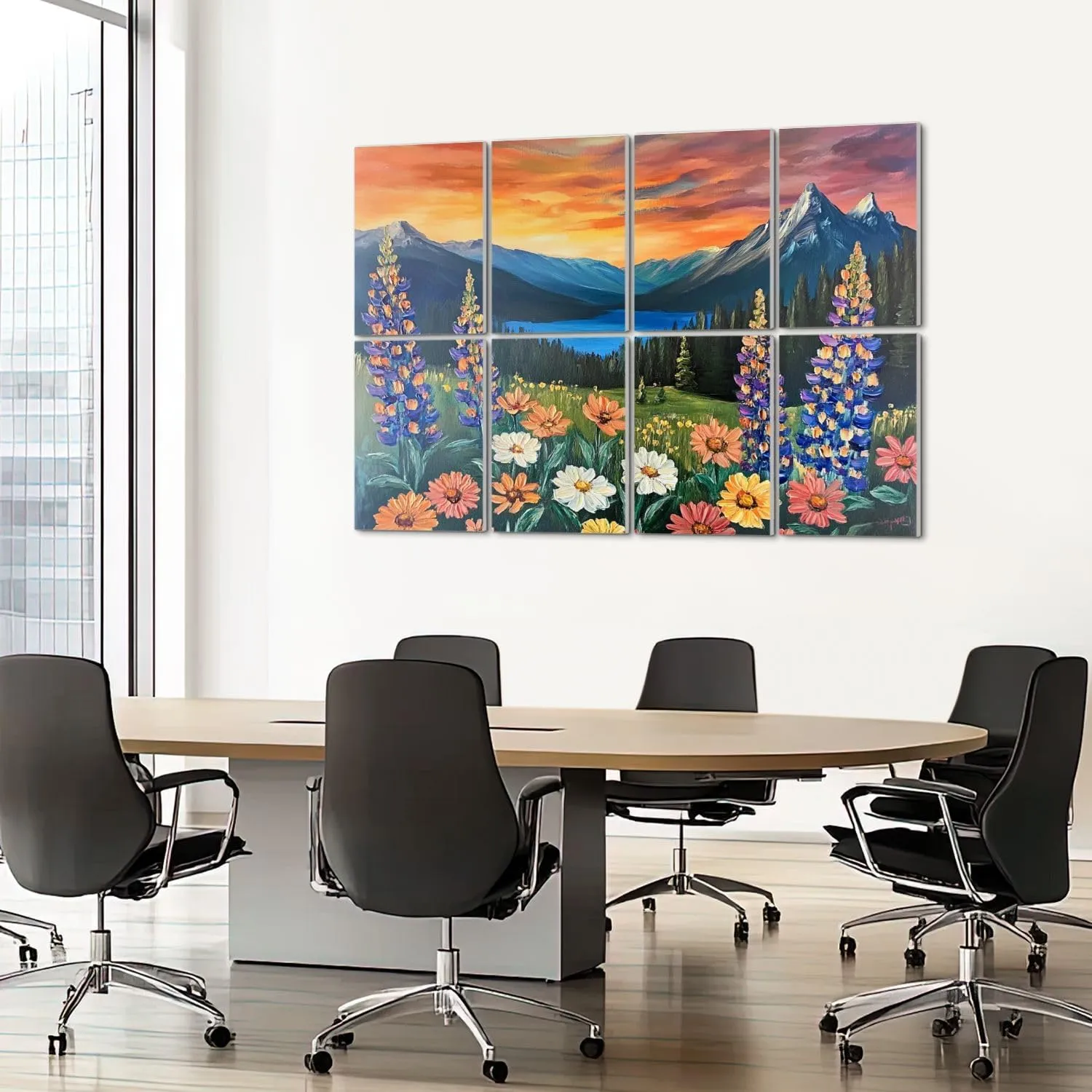 8 Pack Art Acoustic Panels Sound Absorbing Oil Intermountain Flowers Sea Mountain Peaks Sunset Sky Wildflowers Decorative Soundproof Wall Panels Self Adhesive for Recording Studios Office 48"x32"