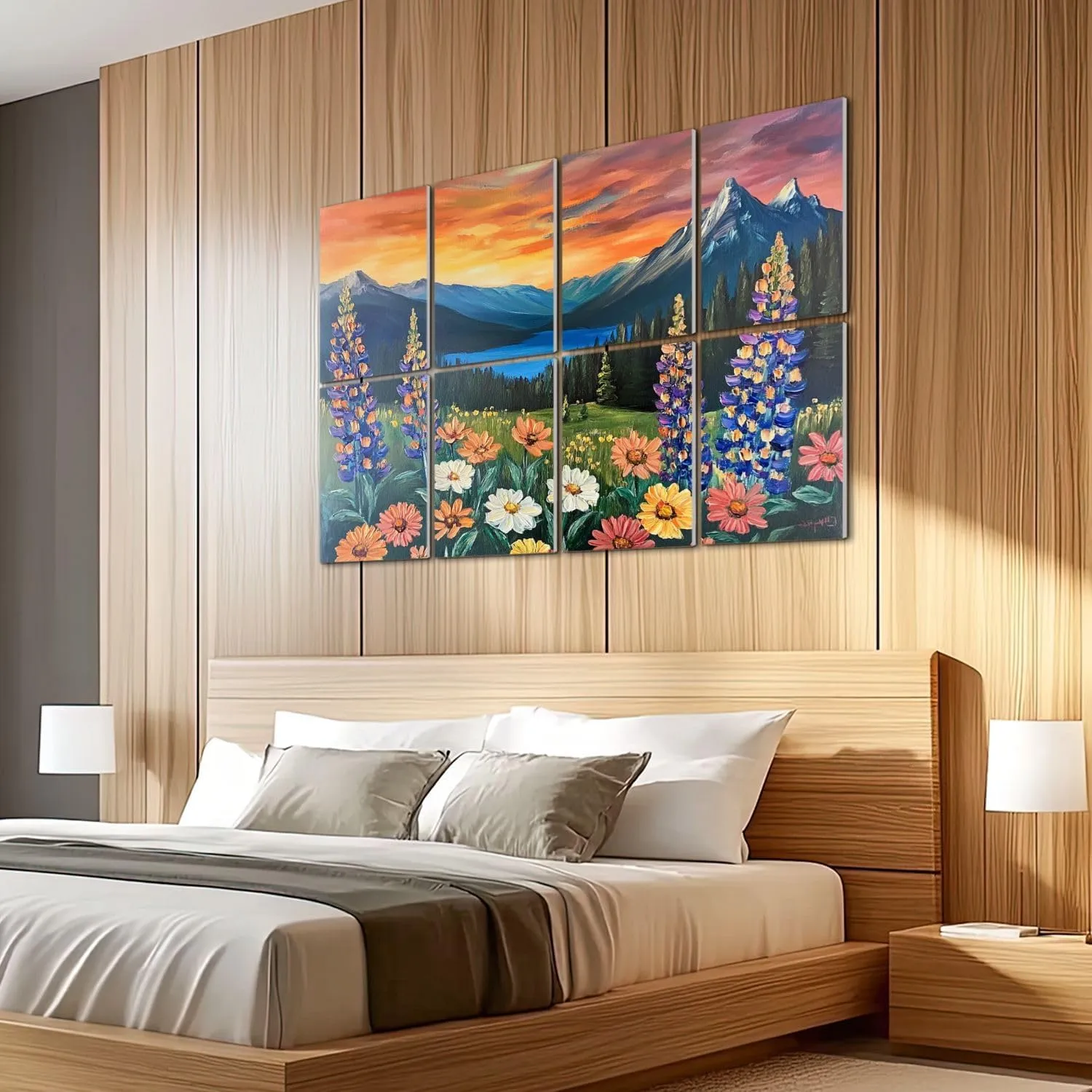 8 Pack Art Acoustic Panels Sound Absorbing Oil Intermountain Flowers Sea Mountain Peaks Sunset Sky Wildflowers Decorative Soundproof Wall Panels Self Adhesive for Recording Studios Office 48"x32"