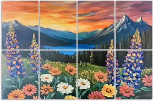 8 Pack Art Acoustic Panels Sound Absorbing Oil Intermountain Flowers Sea Mountain Peaks Sunset Sky Wildflowers Decorative Soundproof Wall Panels Self Adhesive for Recording Studios Office 48"x32"