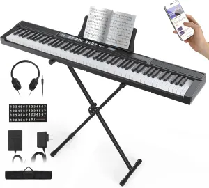 88 Key Piano Keyboard, Electric Digital Piano with Semi Weighted Keys,Keyboard Piano with Piano Stand, Suatain Pedal, Headphone, USB MIDI, Stickers and Handbag for Beginners