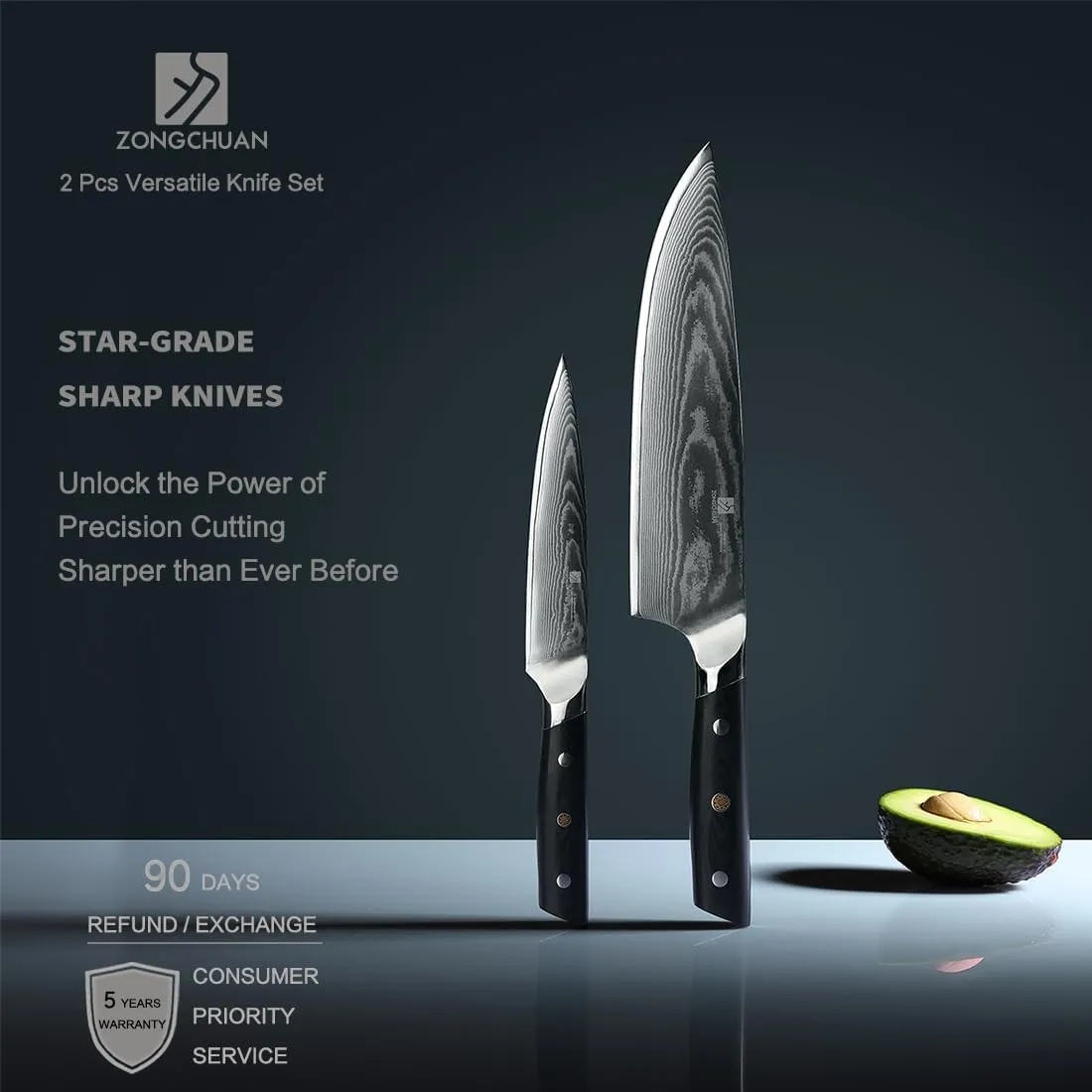 8C Damascus Kitchen Knife Set 2pc,8" Chef Knife and 5.5" Utility Knife,High Carbon Stainless Steel,5-Star Sharp Standard,Black Ergonomic G10 Handle,Love's Gift Box