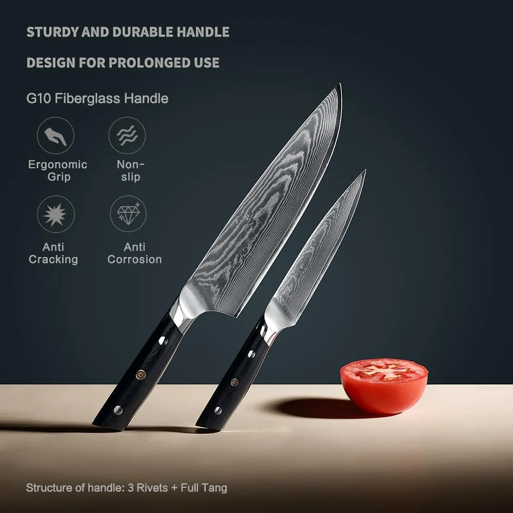 8C Damascus Kitchen Knife Set 2pc,8" Chef Knife and 5.5" Utility Knife,High Carbon Stainless Steel,5-Star Sharp Standard,Black Ergonomic G10 Handle,Love's Gift Box