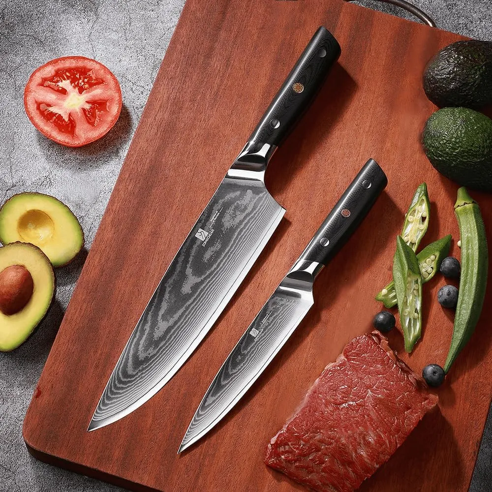 8C Damascus Kitchen Knife Set 2pc,8" Chef Knife and 5.5" Utility Knife,High Carbon Stainless Steel,5-Star Sharp Standard,Black Ergonomic G10 Handle,Love's Gift Box