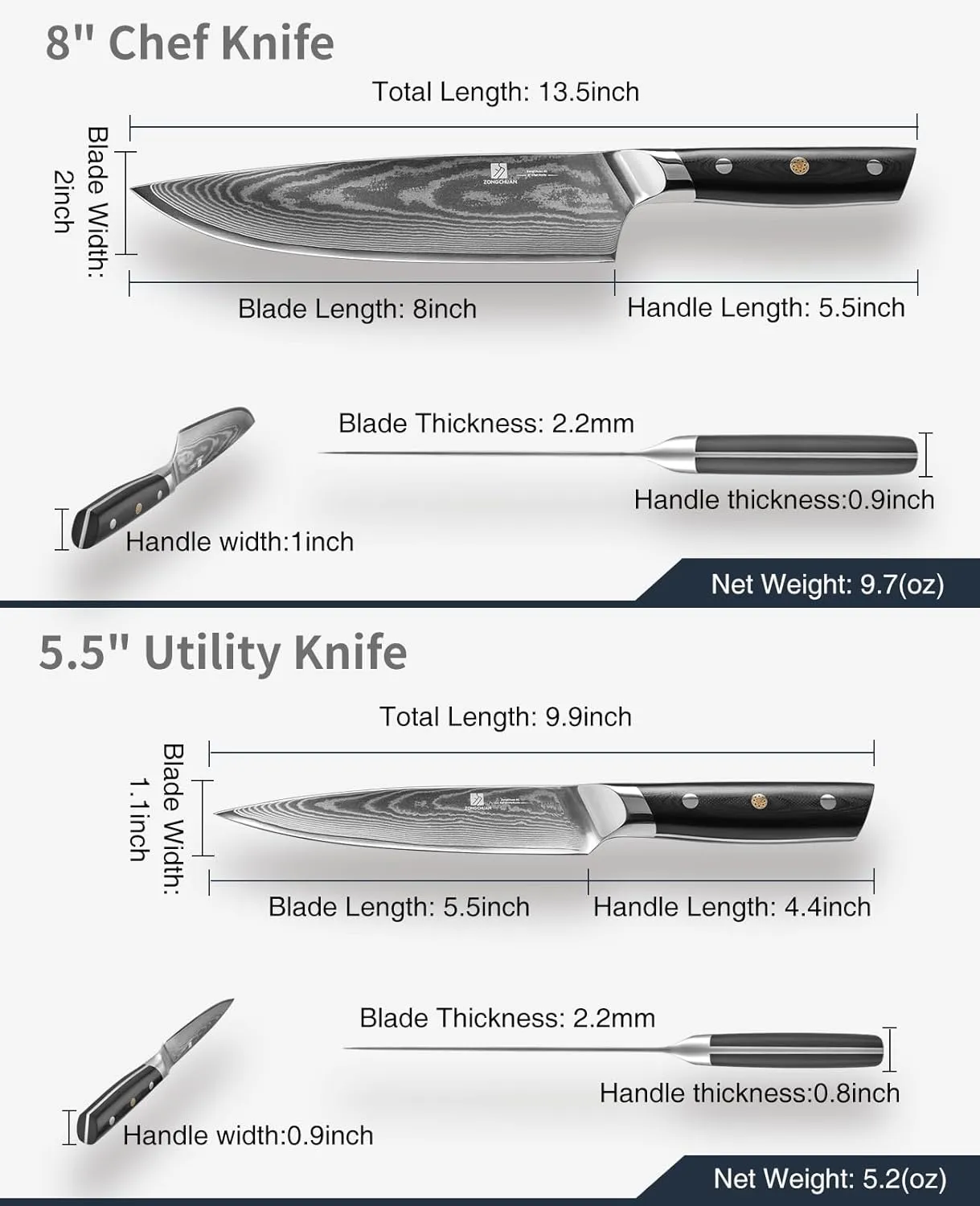 8C Damascus Kitchen Knife Set 2pc,8" Chef Knife and 5.5" Utility Knife,High Carbon Stainless Steel,5-Star Sharp Standard,Black Ergonomic G10 Handle,Love's Gift Box