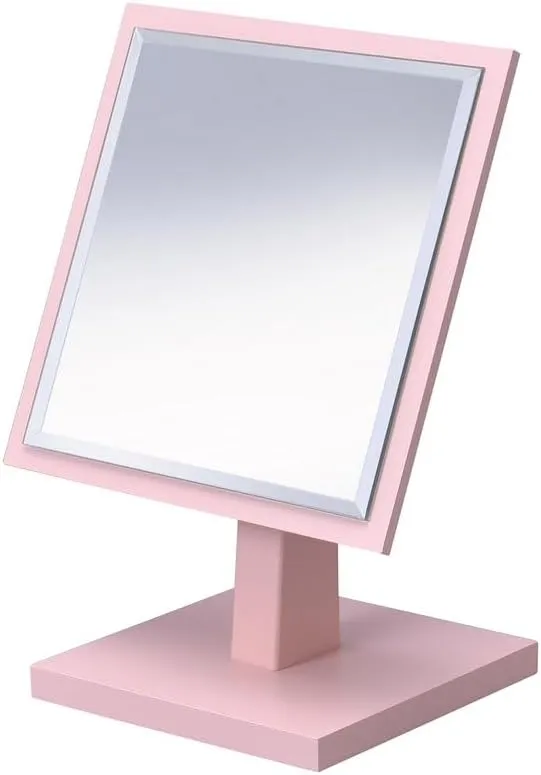 9.5" Tall Polyresin and Wood Makeup Mirror on Pedestal, Pastel Pink Finish for Makeup Application and Grooming