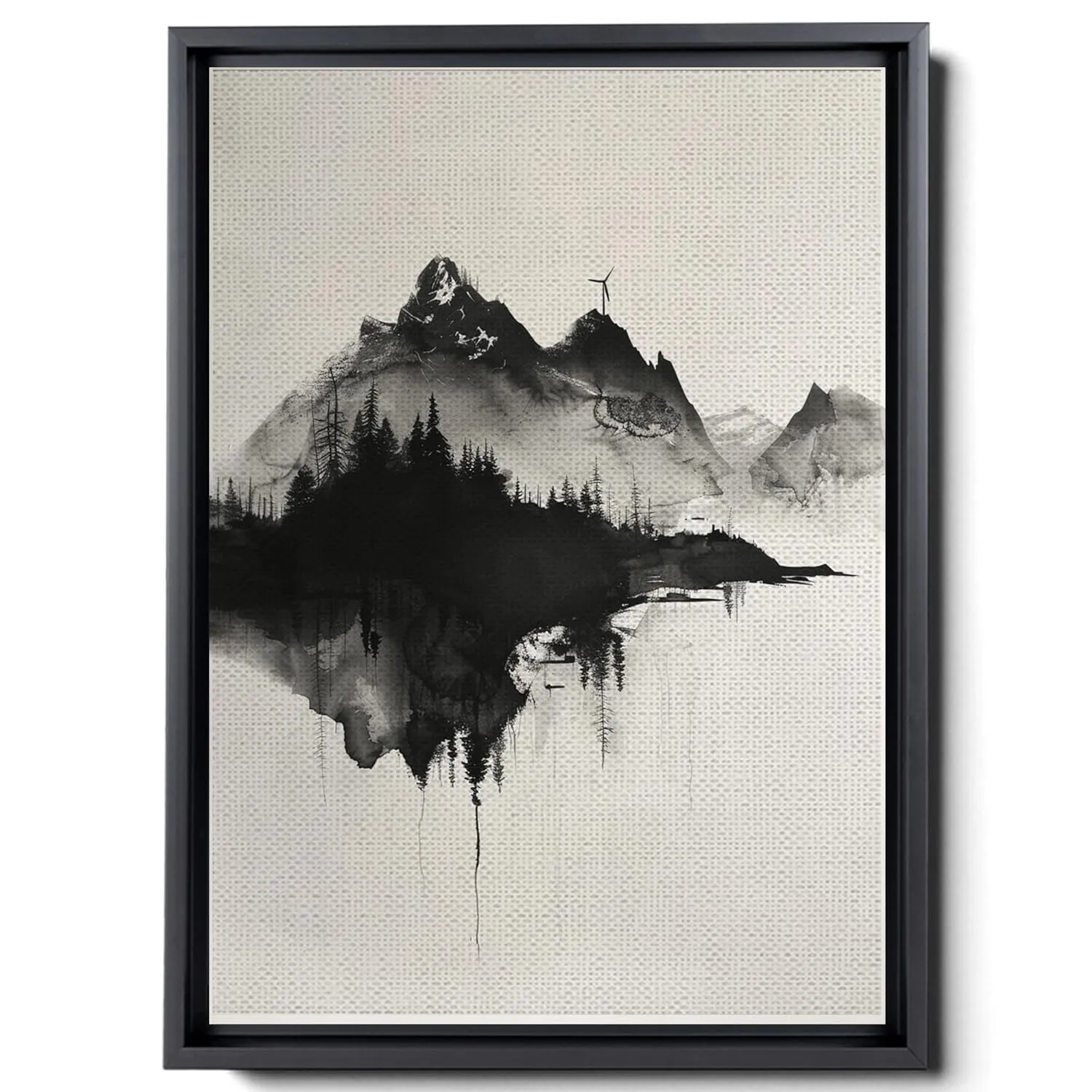 A Black And White Of Mountains, Windmills And Trees, In A Dark Beige And Dark Amber Style, Atmospheric Watercolor, Magenta Land, Panorama, Wall Art