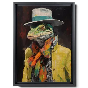 A Of An Iguana Dressed In Colourful And A Hat,Junya Watanabe, Street Style Realism, Western-Style Portraits, Green Academia, Decor Canvas