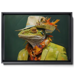 A Of An Iguana Dressed In Colourful And A Hat,Junya Watanabe, Street Style Realism, Western-Style Portraits, Green Academia, Decor Canvas