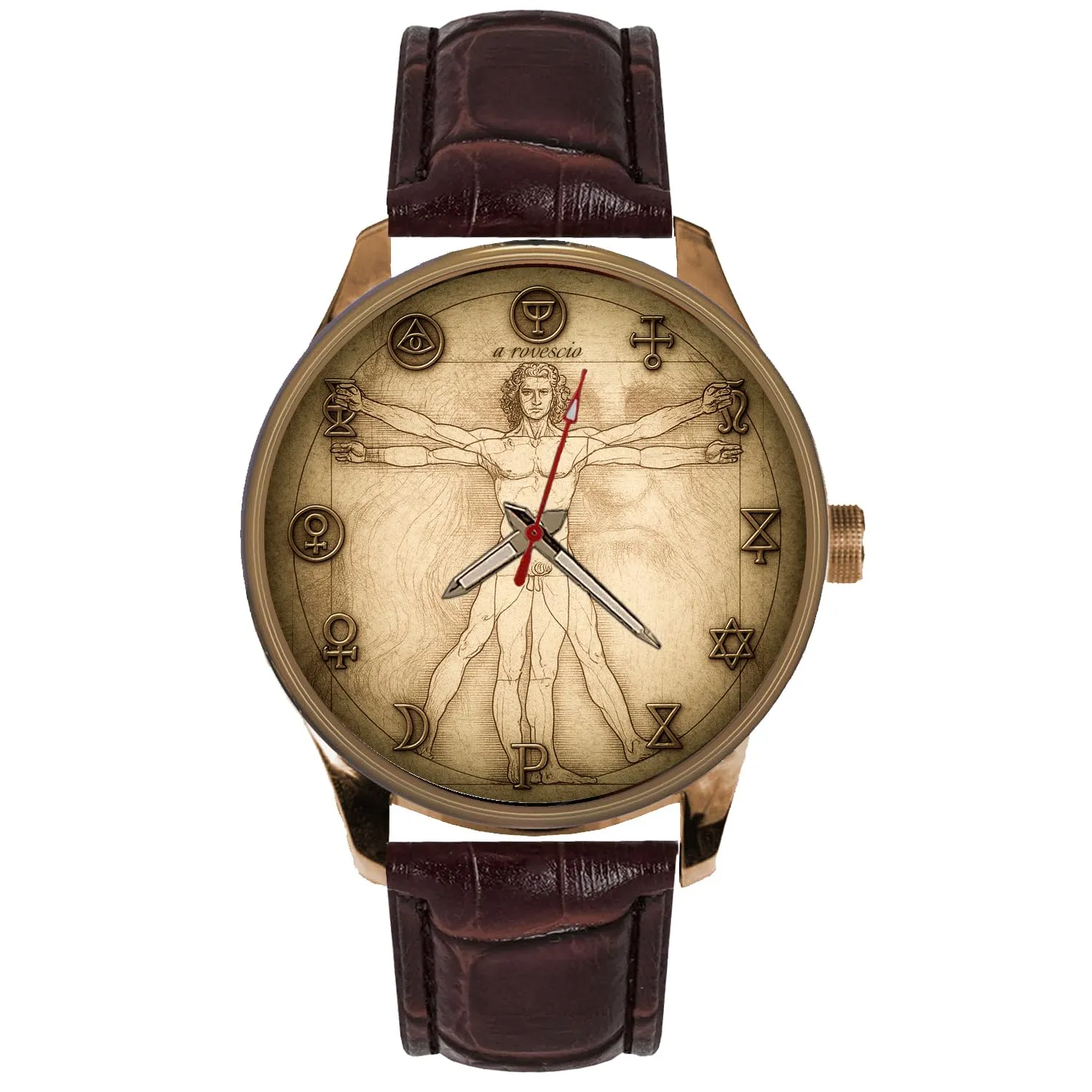A ROVESCIO LEONARDO ANTI-CLOCKWISE MOVEMENT RENAISSANCE VITRUVIAN MAN MENS WATCH. COUNTER CLOCKWISE DAVINCI MASTERPIECE