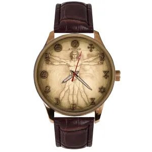 A ROVESCIO LEONARDO ANTI-CLOCKWISE MOVEMENT RENAISSANCE VITRUVIAN MAN MENS WATCH. COUNTER CLOCKWISE DAVINCI MASTERPIECE