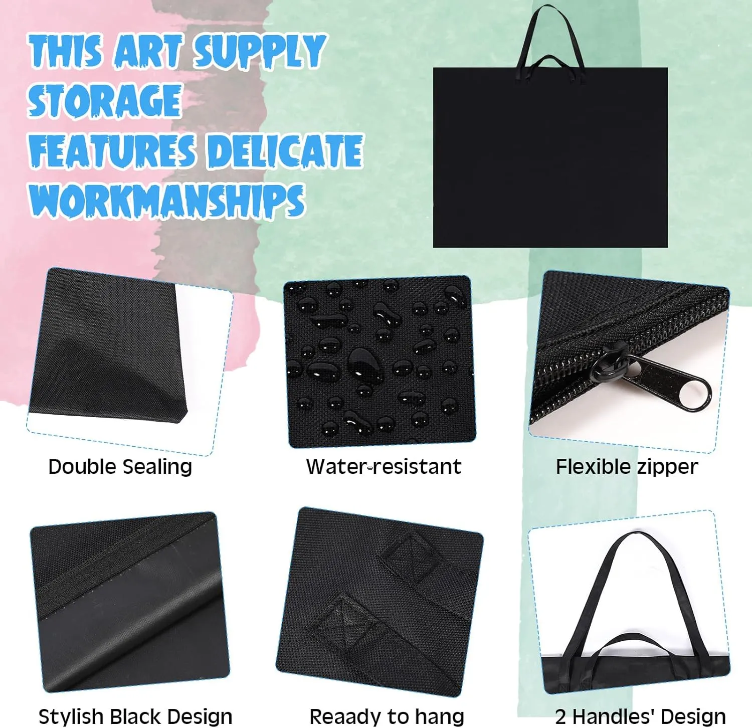 Abbylike 48 x 36 Inch Art Portfolio Bag Large Size Art Supply Bag with Nylon Shoulder Waterproof Poster Board Storage Carrying Case Tote Painting Sketch for Art Work(Black,1 Pcs)