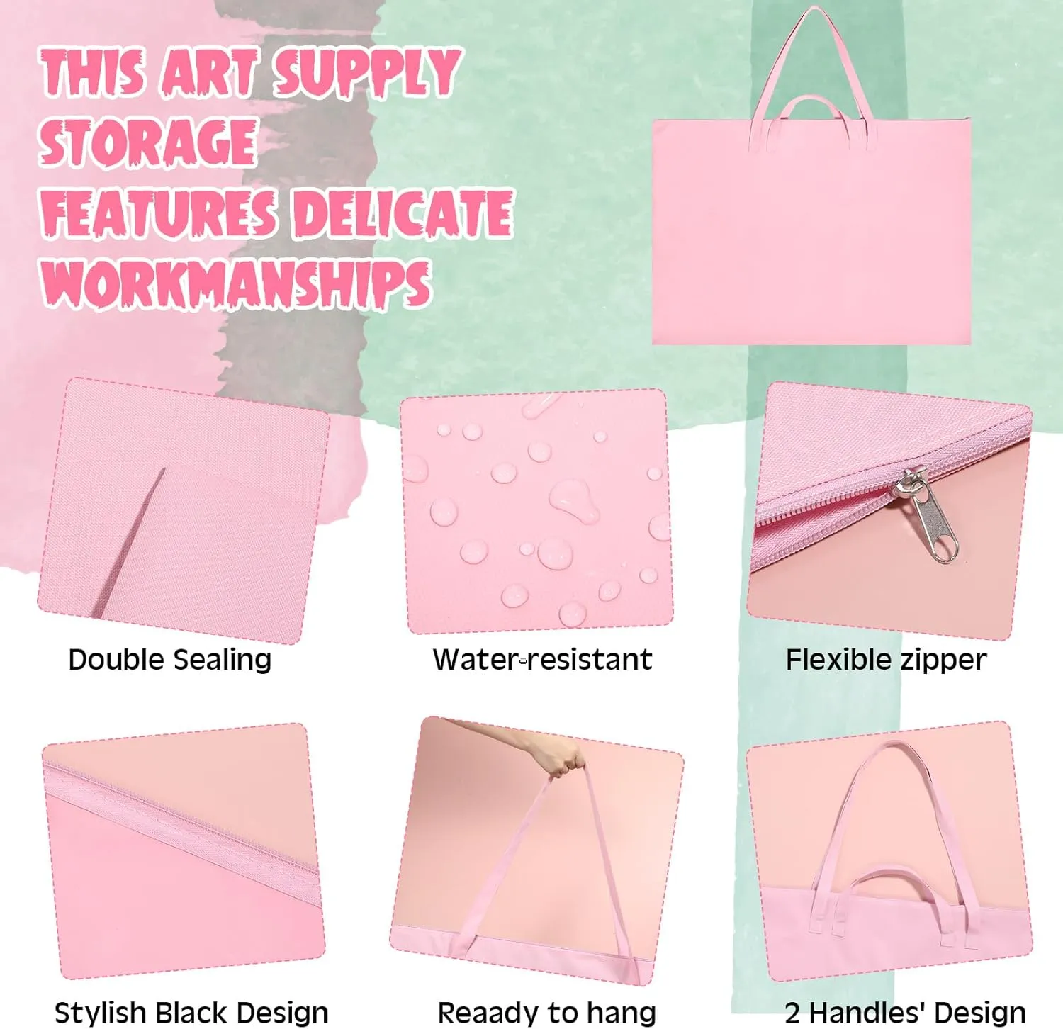 Abbylike 48 x 36 Inch Art Portfolio Bag Large Size Art Supply Bag with Nylon Shoulder Waterproof Poster Board Storage Carrying Case Tote Painting Sketch for Art Work(Pink,1 Pcs)