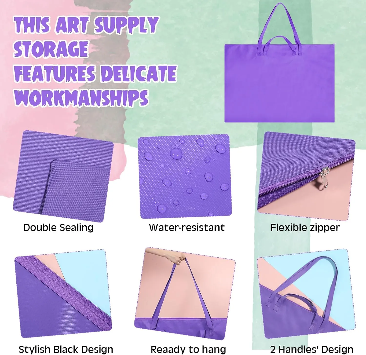 Abbylike 48 x 36 Inch Art Portfolio Bag Large Size Art Supply Bag with Nylon Shoulder Waterproof Poster Board Storage Carrying Case Tote Painting Sketch for Art Work(Purple,1 Pcs)