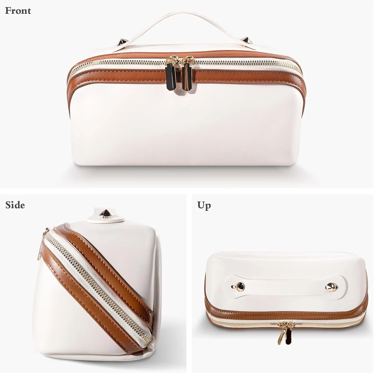 Abiudeng Travel Makeup Bag Large Capacity Toiletry Bag for Travel Essentials Open Flat Makeup bag Organizer with Divider and Handle-White