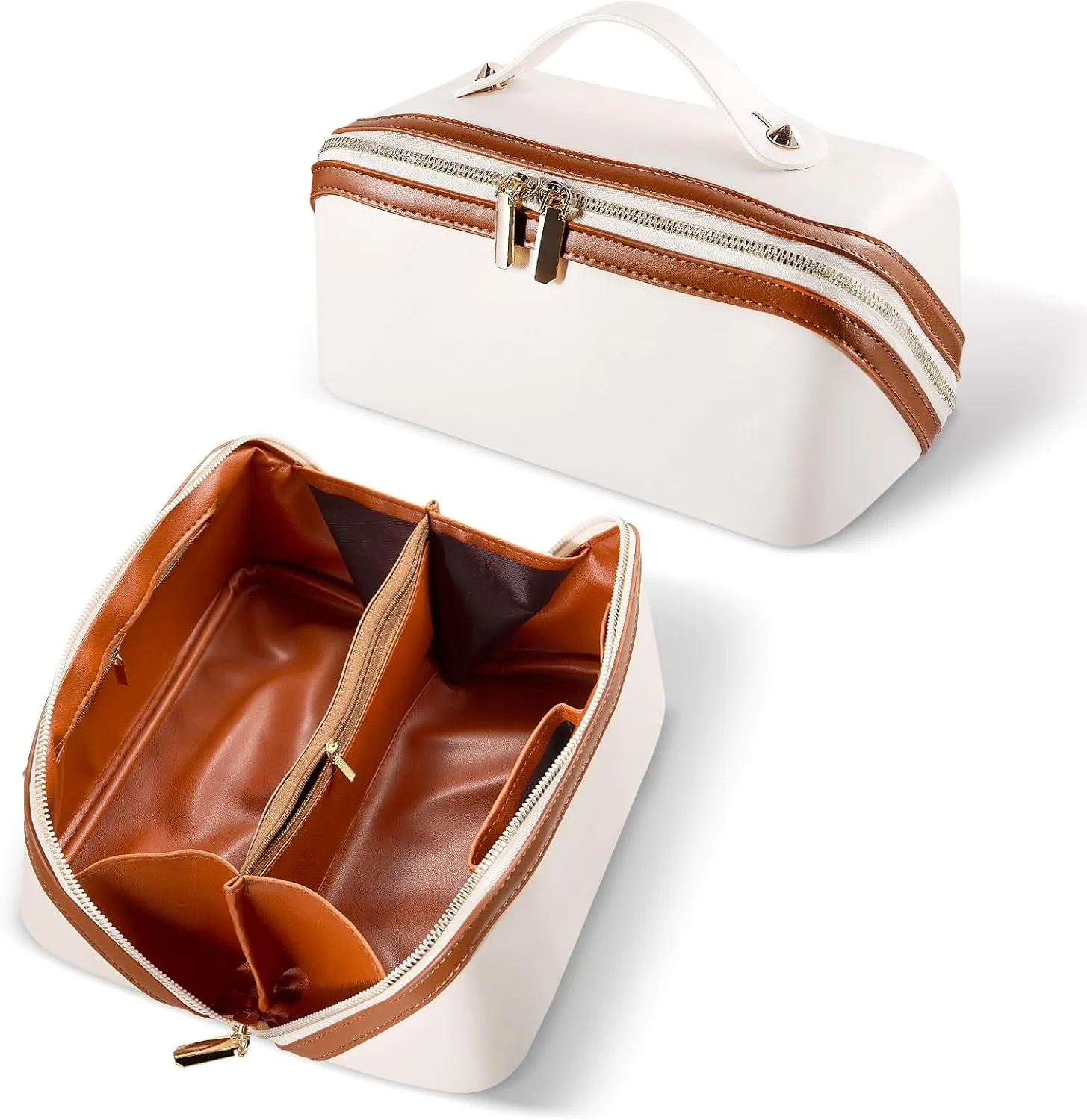 Abiudeng Travel Makeup Bag Large Capacity Toiletry Bag for Travel Essentials Open Flat Makeup bag Organizer with Divider and Handle-White