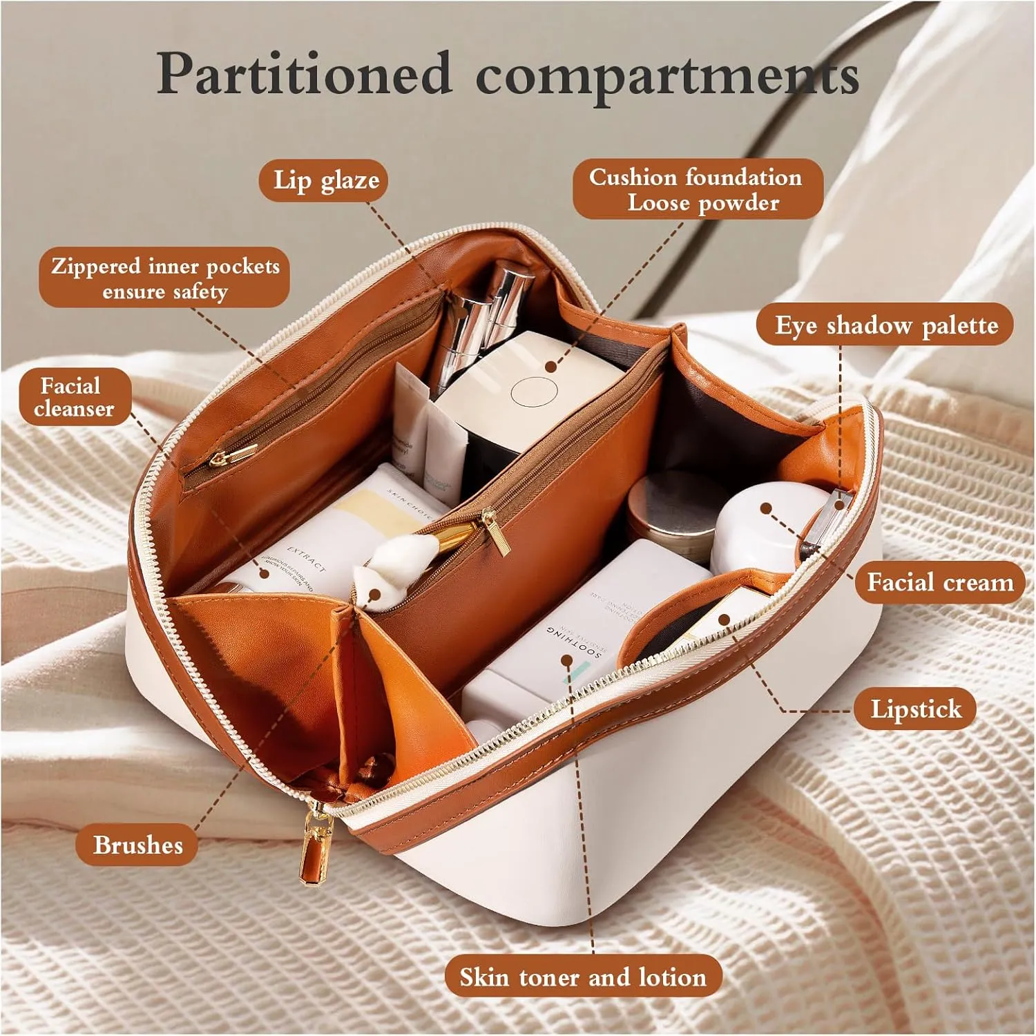 Abiudeng Travel Makeup Bag Large Capacity Toiletry Bag for Travel Essentials Open Flat Makeup bag Organizer with Divider and Handle-White