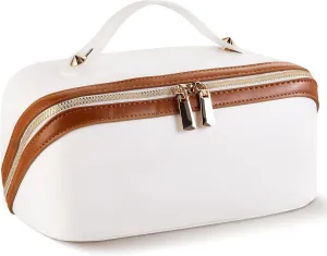 Abiudeng Travel Makeup Bag Large Capacity Toiletry Bag for Travel Essentials Open Flat Makeup bag Organizer with Divider and Handle-White