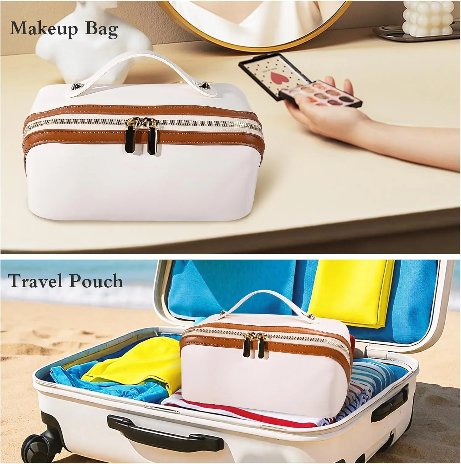 Abiudeng Travel Makeup Bag Large Capacity Toiletry Bag for Travel Essentials Open Flat Makeup bag Organizer with Divider and Handle-White