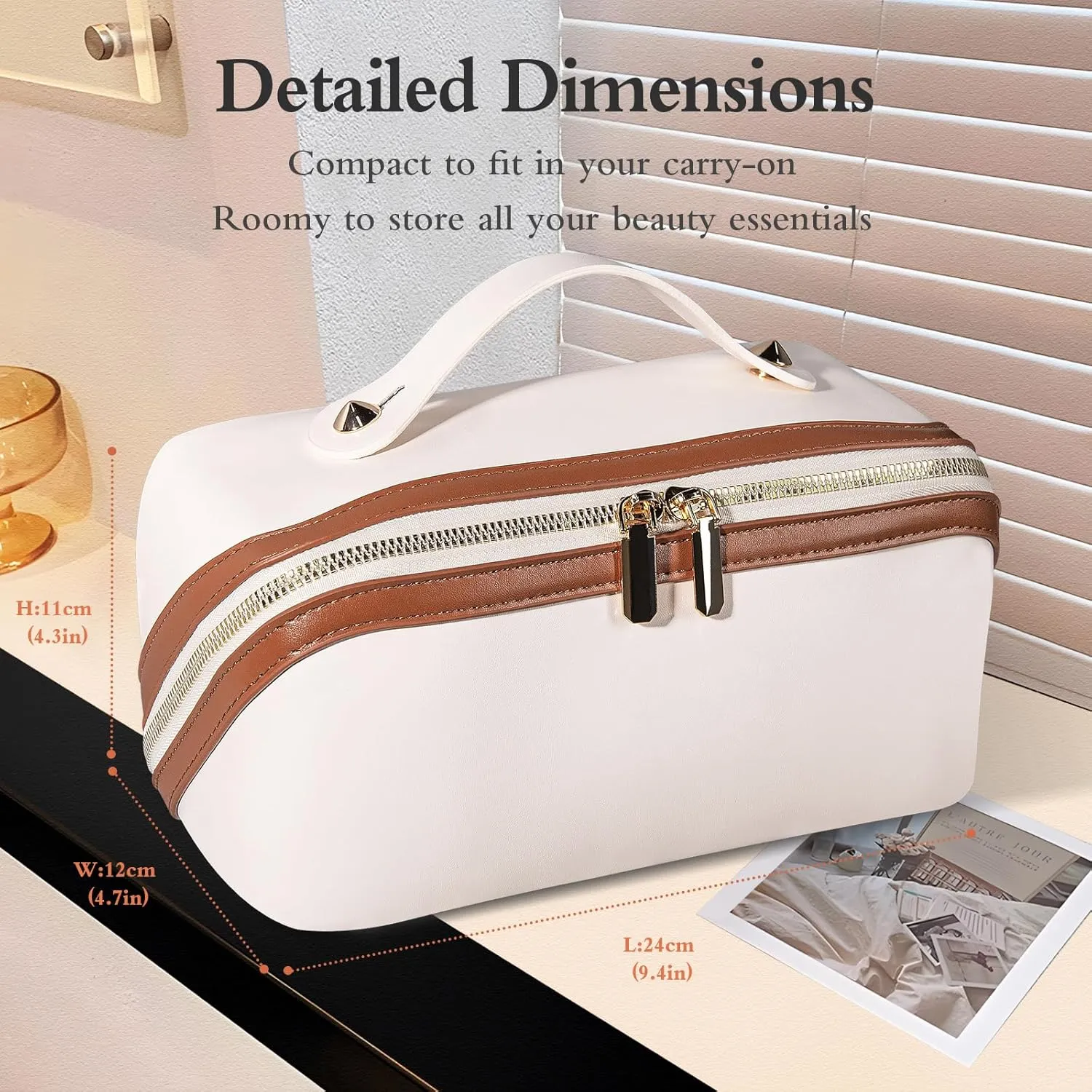 Abiudeng Travel Makeup Bag Large Capacity Toiletry Bag for Travel Essentials Open Flat Makeup bag Organizer with Divider and Handle-White