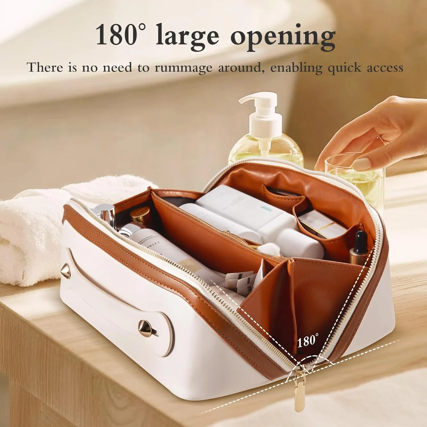 Abiudeng Travel Makeup Bag Large Capacity Toiletry Bag for Travel Essentials Open Flat Makeup bag Organizer with Divider and Handle-White