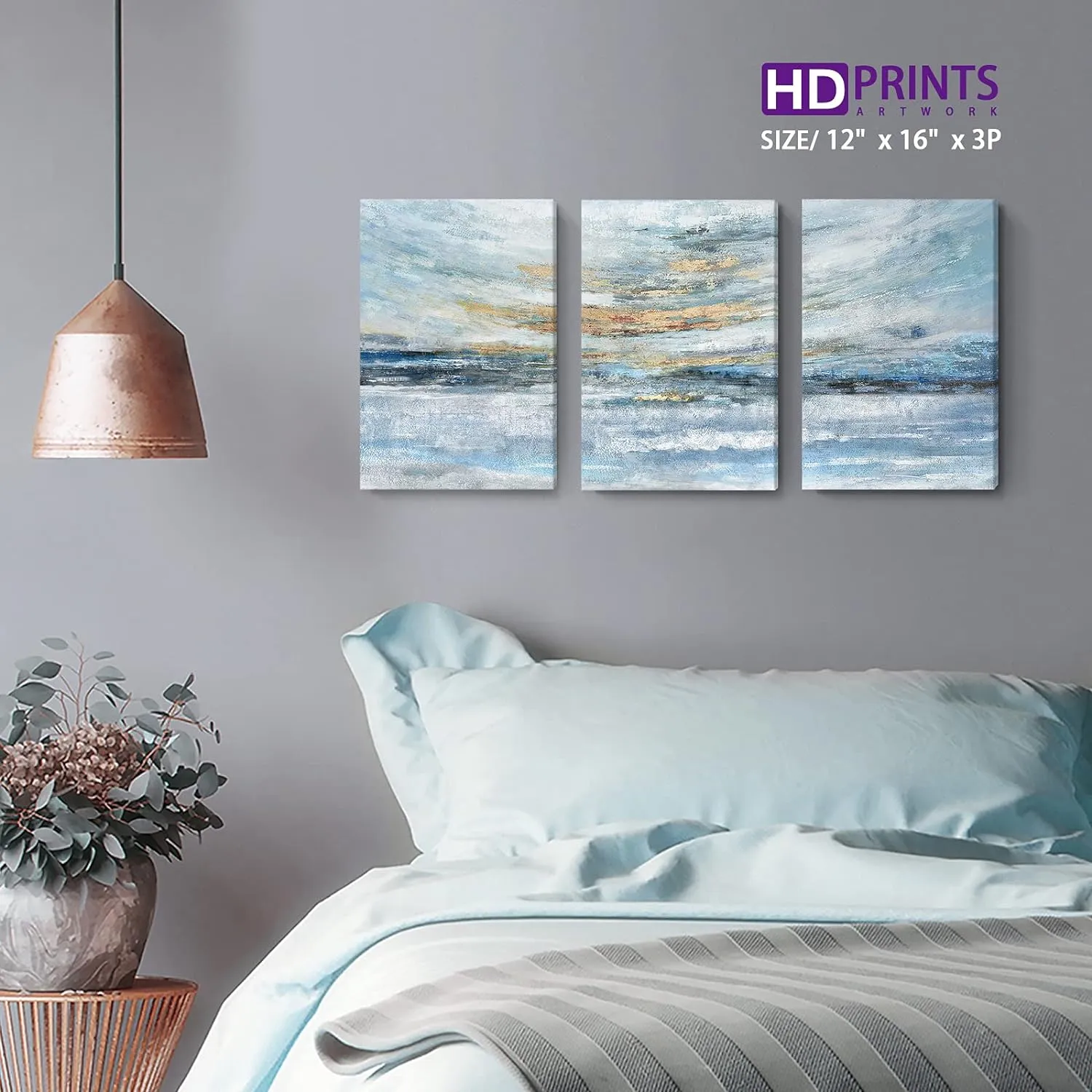 Abstract Canvas Wall Art for Bedroom 3 Piece Ocean Painting Coastal Theme Artwork Blue and Yellow Sunset & Sunrise on the Beach Seascape Picture for Bathroom Living Room Light 12x16inchx3 panel
