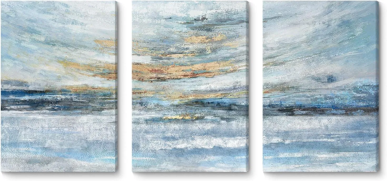 Abstract Canvas Wall Art for Bedroom 3 Piece Ocean Painting Coastal Theme Artwork Blue and Yellow Sunset & Sunrise on the Beach Seascape Picture for Bathroom Living Room Light 12x16inchx3 panel