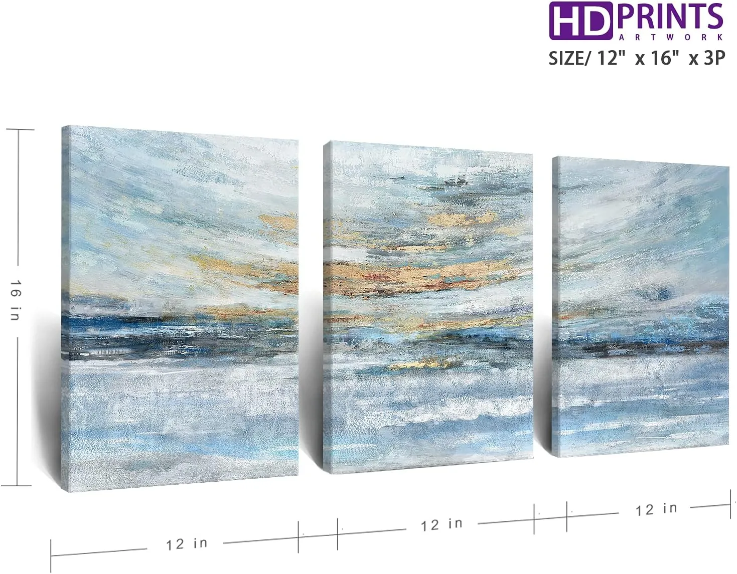 Abstract Canvas Wall Art for Bedroom 3 Piece Ocean Painting Coastal Theme Artwork Blue and Yellow Sunset & Sunrise on the Beach Seascape Picture for Bathroom Living Room Light 12x16inchx3 panel