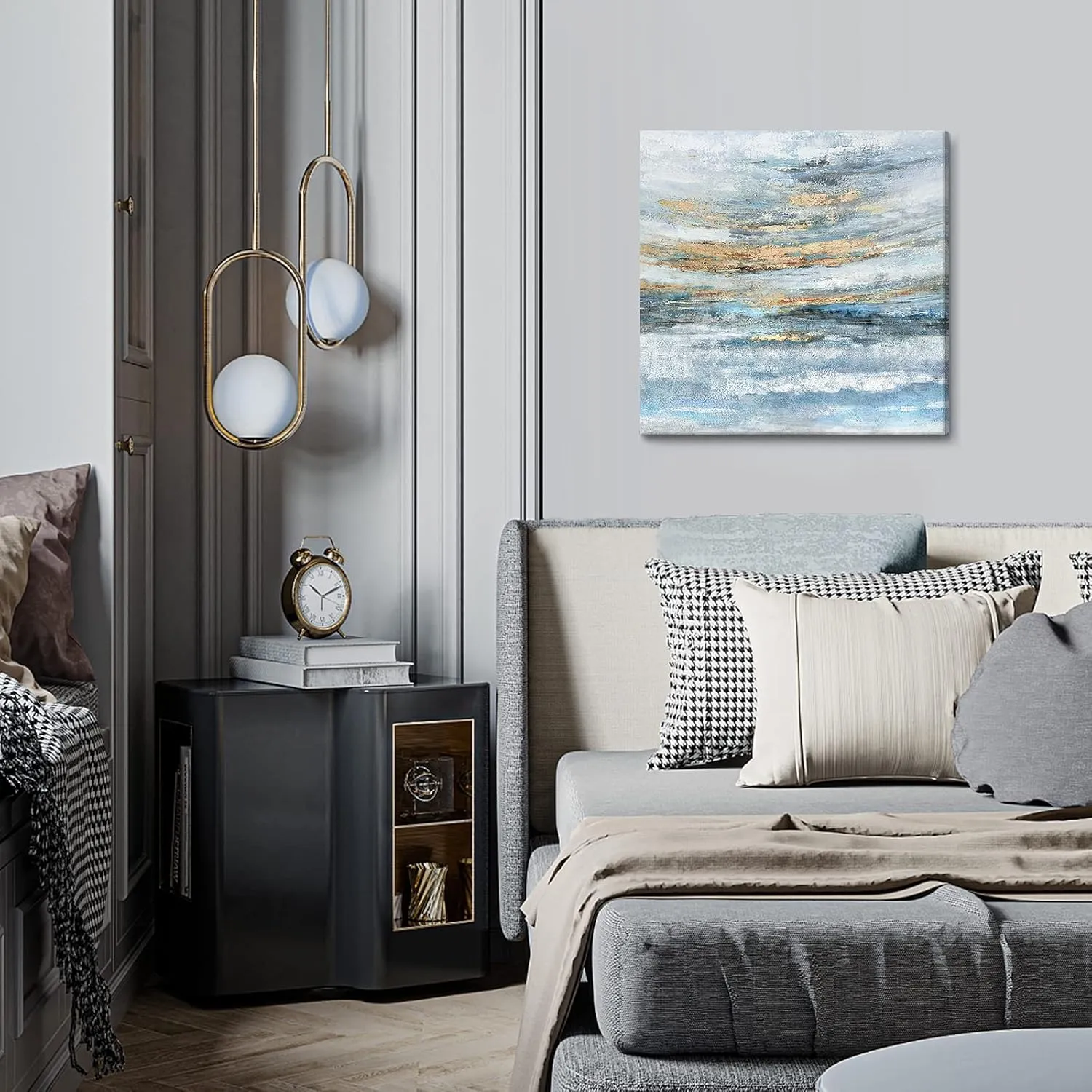 Abstract Canvas Wall Art Framed Light Blue Canvas Print Coastal Theme Artwork Modern Ocean Skyline and Sunset & Sunrise in the Seaside Large Sea Picture for Home Bedroom Decor 24x24inch