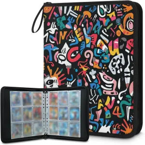 Abstract Doodle Trading Card Binder 4 Pocket 400 Cards Holder Collector Album with 50 Removable Sleeves Toys Gifts for Boys Girls Colorful Graffiti Game Sports Cards