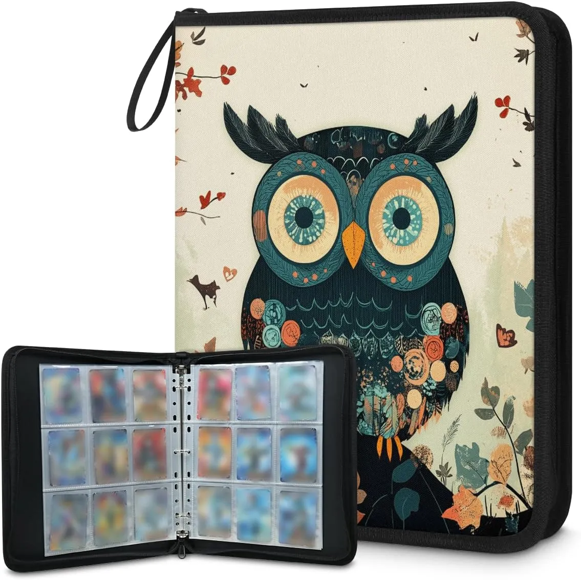 Abstract Owl Trading Card Binder 9 Pocket 900 Cards Holder Collector Album with 50 Removable Sleeves Toys Gifts for Boys Girls Fall Leaves Animal Game Sports Cards
