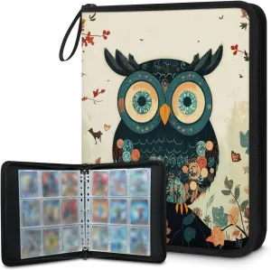 Abstract Owl Trading Card Binder 9 Pocket 900 Cards Holder Collector Album with 50 Removable Sleeves Toys Gifts for Boys Girls Fall Leaves Animal Game Sports Cards